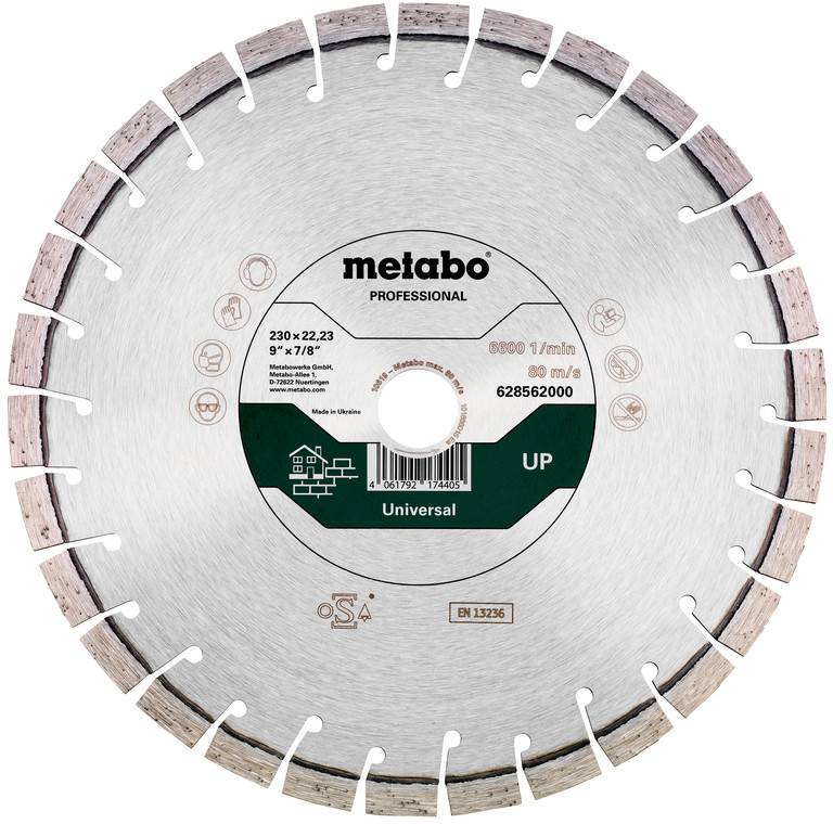 Metabo Professional segmentirani diamantni rezalni disk z oznako "Universal" in "UP", prikazan od spredaj na belem ozadju.