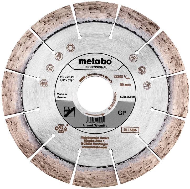 Profesionalni segmentirani diamantni rezalni disk Metabo za granit, označen 115 x 22,23 mm, za suho rezanje do 13300 vrtljajev na minuto.