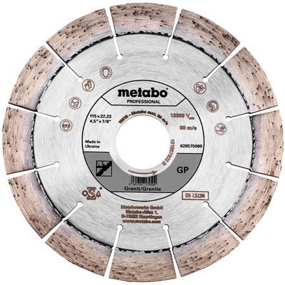 Profesionalni segmentirani diamantni rezalni disk Metabo za granit, označen 115 x 22,23 mm, za suho rezanje do 13300 vrtljajev na minuto.