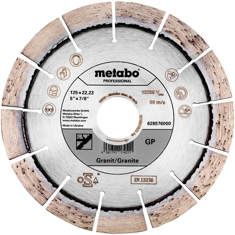 Kovinska plošča z logotipom 'metabo', primerna za obdelavo granita. Premer 125 mm, največ 12200 obratov/min, preizkušeno po standardu EN 13236.