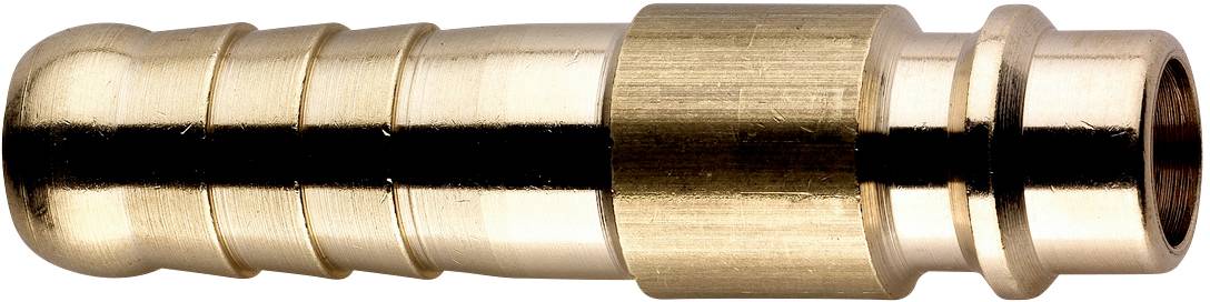 Medeninasto obarvan priključek za cev z narebrenimi stranmi in širšim robnim odsekom, namenjen trdni pritrditvi cevi.