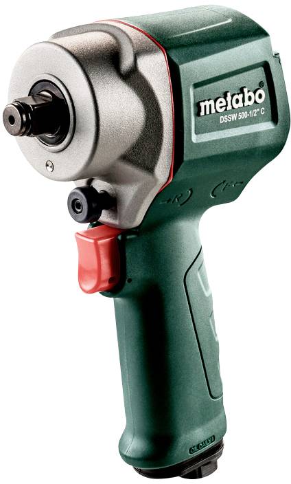 Zelen udarni vijačnik znamke Metabo, model DSSW 500-1/2" C. Glavna značilnost je rdeč sprožilni ročaj.