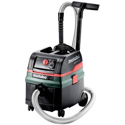 Prenosni Metabo mokro/suh sesalnik z cevjo, vtičnico za električne orodje in kolesno osnovo na belem ozadju