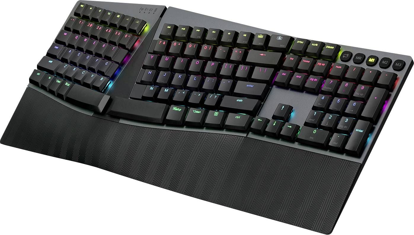 Ergonomska tipkovnica z ločenim dizajnom in RGB-osvetlitvijo ozadja. Tipke so razdeljene na dva dela, da bi izboljšali udobje.