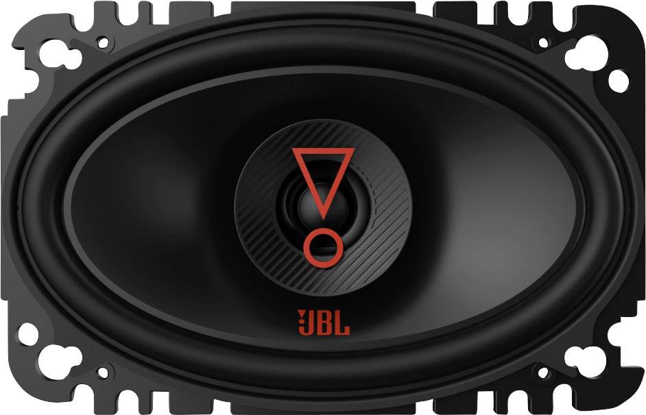 Črn zvočnik z oranžnim logotipom JBL na sredini, v ozadju ovalni vzorec mreže.