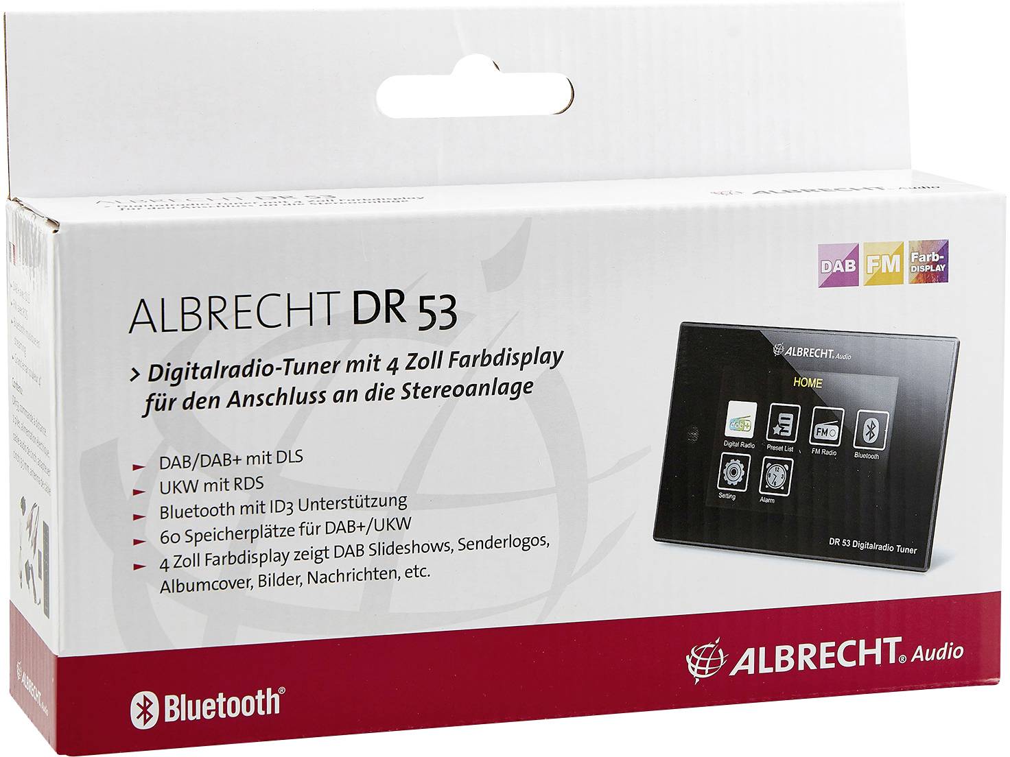 Bela embalaža "ALBRECHT DR 53", digitalnega radia z barvnim zaslonom. Vsebuje podrobnosti o funkcijah, kot sta DAB/DAB+ in Bluetooth.