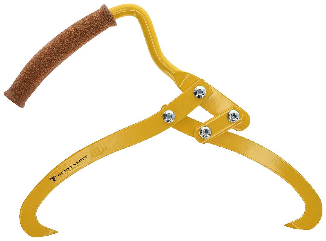 Rumena, ukrivljena orodje z protizdrsnim ročajem in ostrimi konicami, primerna za prijemanje in dvigovanje lesa ali podobnih materialov.