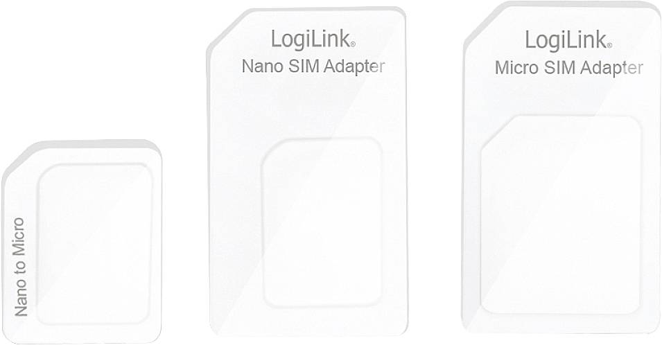 Trije SIM-kartični adapterji podjetja LogiLink: iz nano v mikro, nanoSIM adapter, mikroSIM adapter.