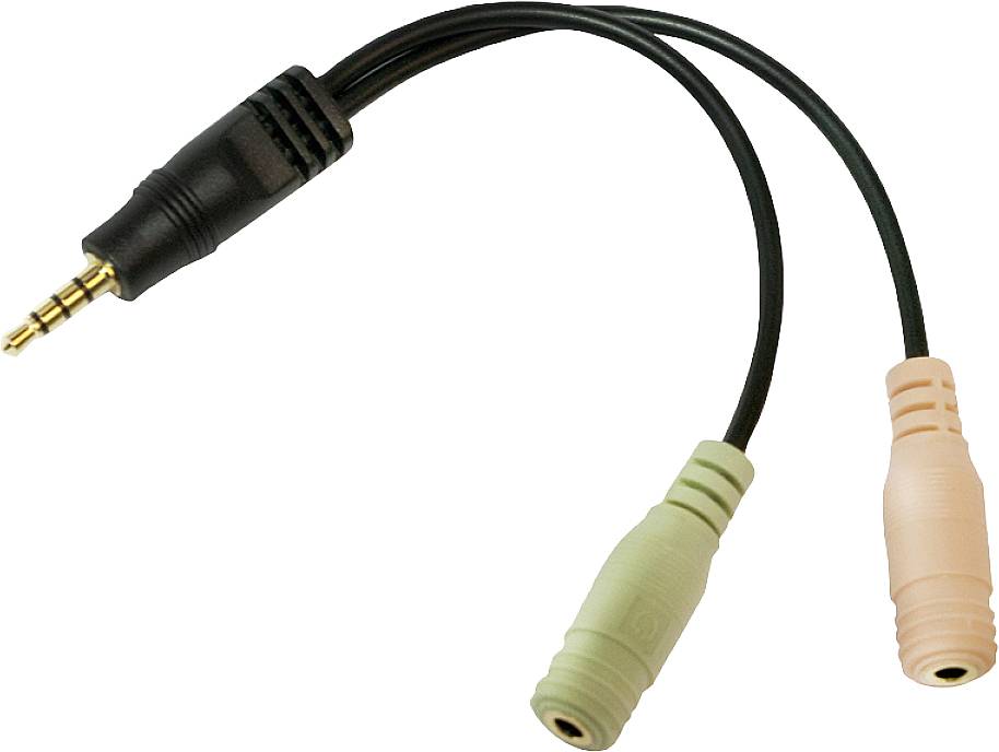 Adapter kabel z 3,5-mm vtičem na eni strani in dvema priključkoma, zelenim in rožnatim, na drugi strani.