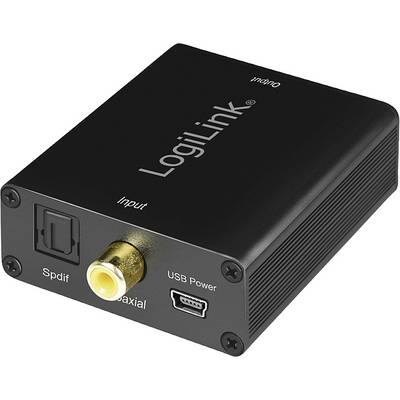 Majhen, črn avdio pretvornik podjetja LogiLink s priključki SPDIF, koaksialnim in USB napajalnikom. Napis 'LogiLink' je viden.