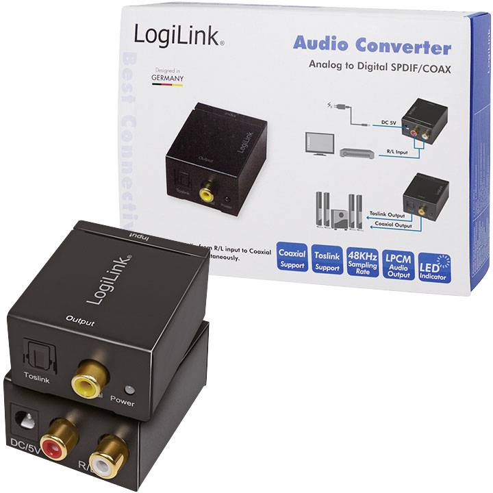 'LogiLink Audio Converter' prikazuje embalažo in napravo. Pretvarja analogne signale v digitalne s priključki SPDIF/COAX.
