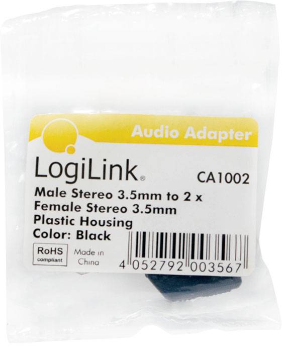 Avdio vtični adapter, LogiLink, model CA1002: 3,5 mm stereo moški priključek na 2 x 3,5 mm stereo ženski priključek, črno plastično ohišje.