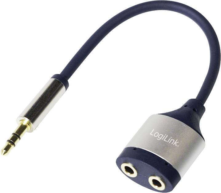 Črn avdio kabelski adapter z 3,5-mm vtičem in dvema priključkoma za povezavo dveh slušalk z eno napravo.