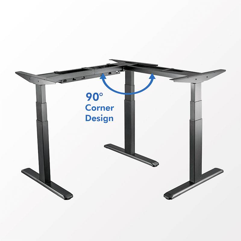 Pisalna miza L-oblike s 90° kotom, nastavljiva po višini, črne kovinske noge, za ergonomsko delo.