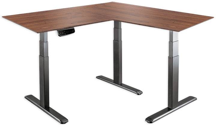 Višinsko nastavljiva L-oblikovana pisalna miza s temno leseno ploščo in črnimi kovinskimi nogami, primerna za ergonomska delovna mesta.