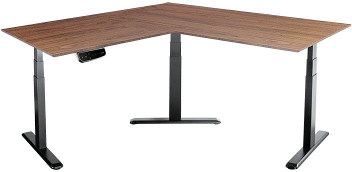 Leseni pisalni stol L-oblike z nastavljivo višino, črnimi nogami, minimalistično in moderno zasnovo, primeren za ergonomske pisarne.