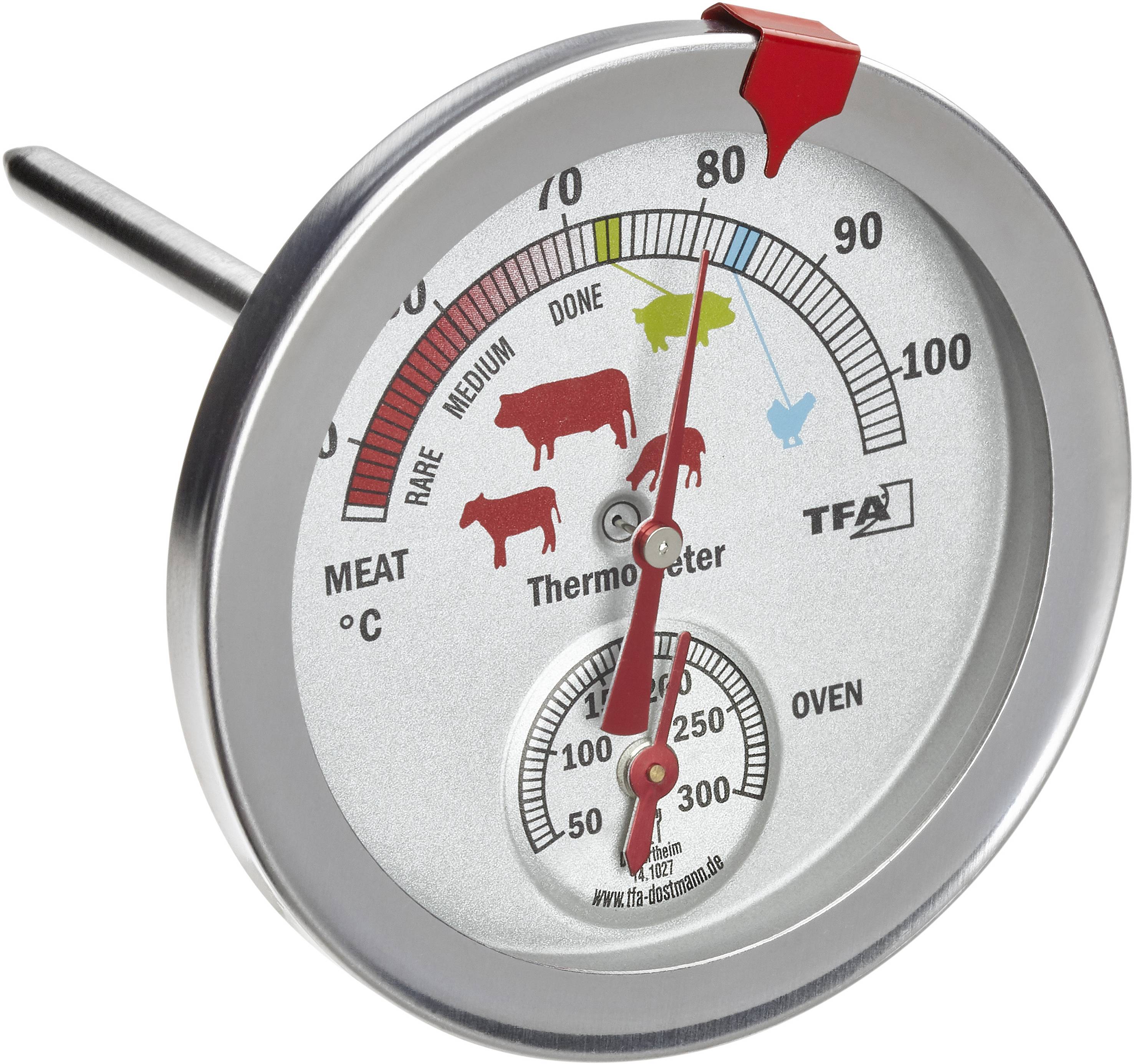 Okroglo mesoizbirno termometer z lestvico od 'malo pečeno' do 'dobro pečeno' in temperaturo v stopinjah Celzija, ki prikazuje optimalne stopnje pečenosti za različne vrste mesa.