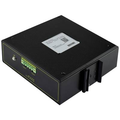 Črna pravokotna elektronska naprava s priključki na straneh in nalepko s QR-kodo na vrhu.