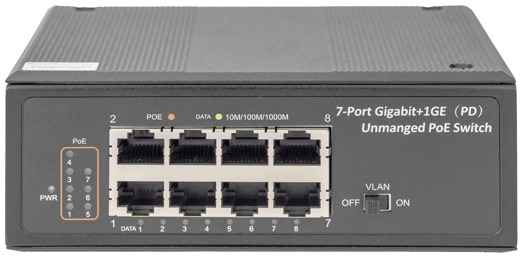 Črn 7-portni gigabitni PoE stikalo z ethernet priključki, LED lučko za napajanje in VLAN stikalom na sprednji strani.