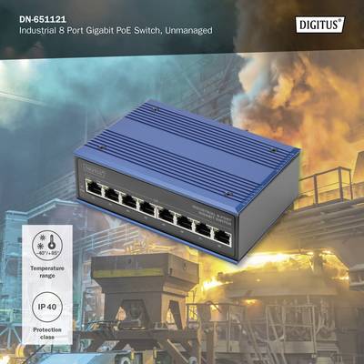 Moder industrijski 8-portni gigabitni PoE stikalni element pred sceno v tovarni z dimom in plameni. Specifikacije: IP40, temperatura od -40°C do 85°C.