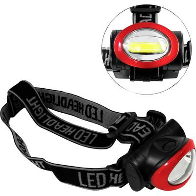 Naglavna svetilka z nastavljivo trakovo in LED-lučjo, črna z rdečim okvirjem. Primerna za aktivnosti na prostem in ročna dela.