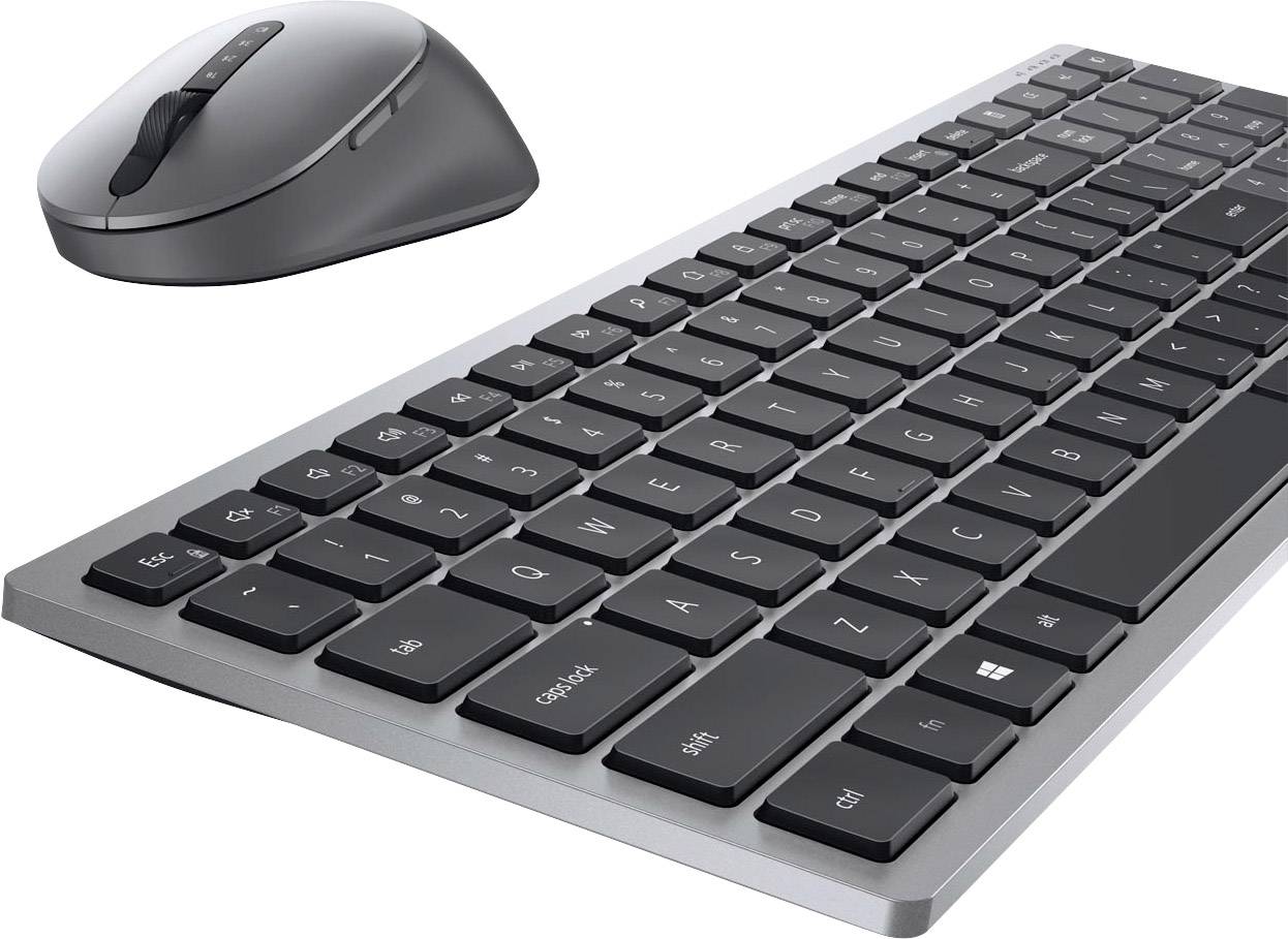 Črna brezžična tipkovnica in miška na sivi podlagi. Tipkovnica prikazana pod kotom, poudarjen ergonomski dizajn miške.