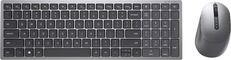 Brezžična črna QWERTY tipkovnica s funkcijskimi tipkami in vrstico številk, poleg črne ergonomske miške z drsnim kolesom.