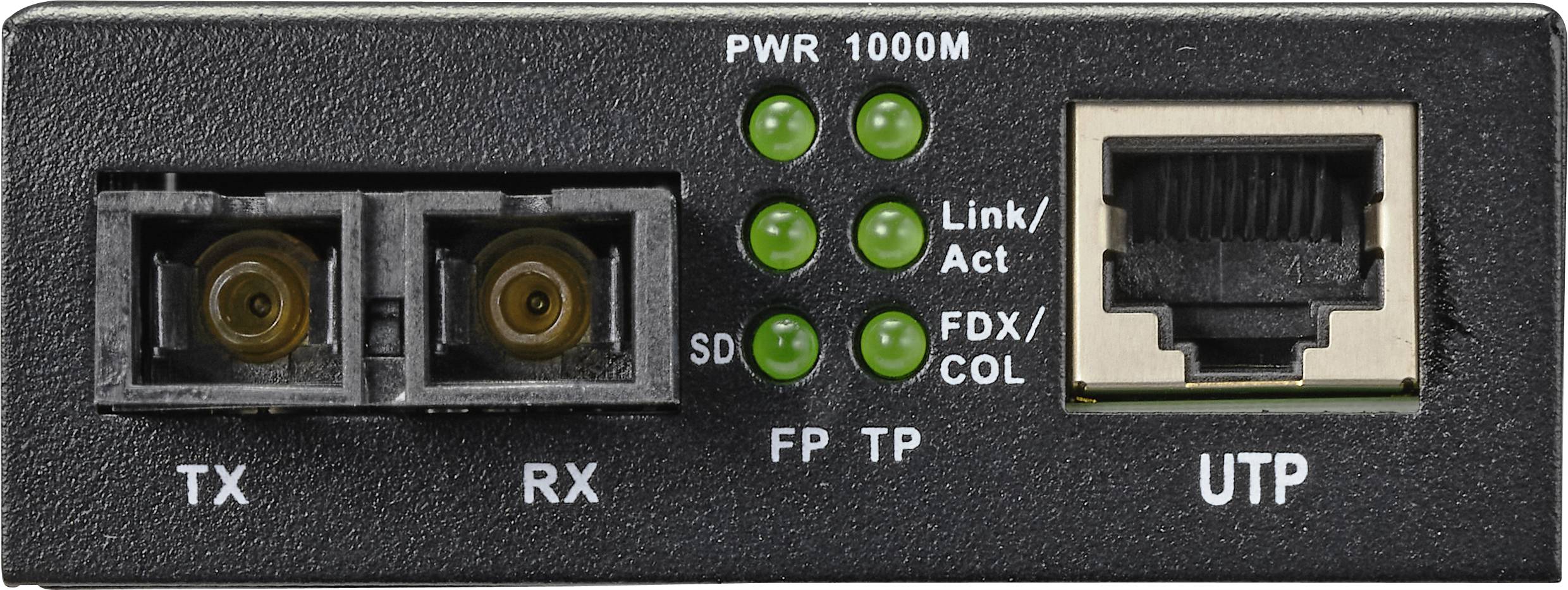 '10/100/1000M medijski pretvornik s TX-, RX-vrati in RJ-45 priključkom. Status LED-diode prikazujejo napajanje, povezavo/aktivnost in delovanje polnega/polovičnega dupleksa.'