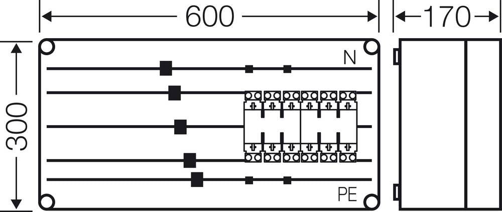 Shematski načrt električne razdelilne omarice z dimenzijami: 600 x 300 mm. Prikazuje priključna mesta za N in PE.