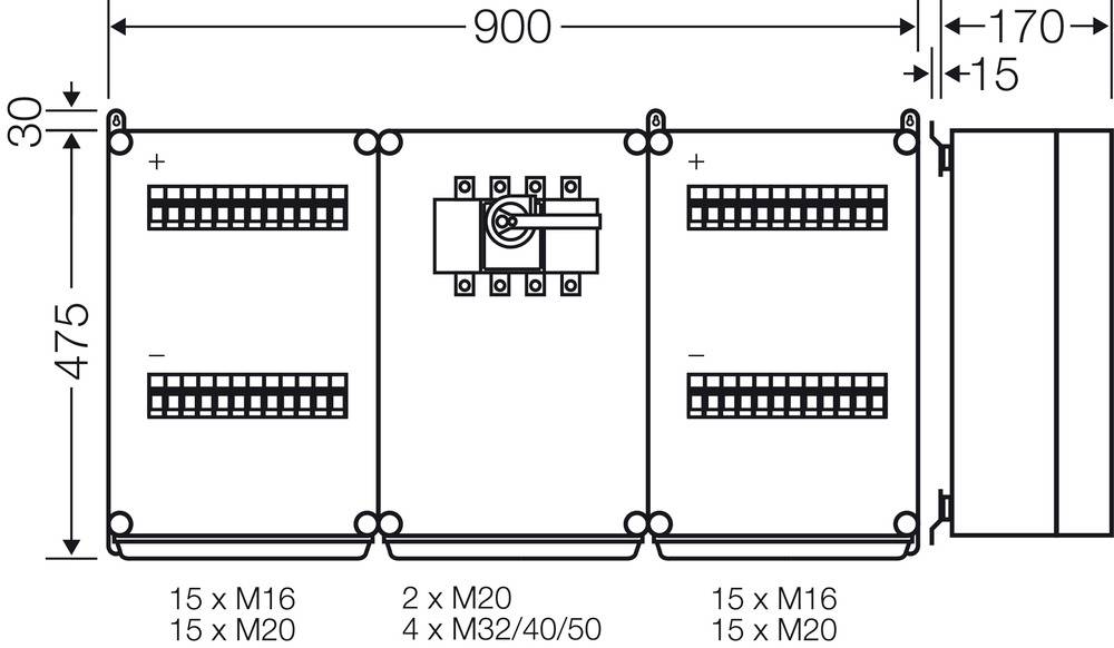 Tehnična risba pravokotne električne omarice z dimenzijami 900 x 475 mm. Prikazani so priključki in pritrdilne točke.