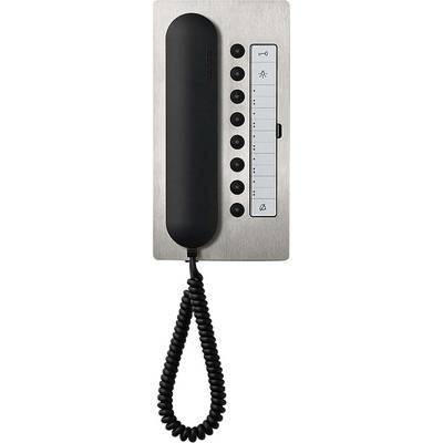Stenski telefon z slušalko in spiralnim kablom, tipkami za upravljanje ter stolpcem za označevanje in identifikacijo klicateljev.