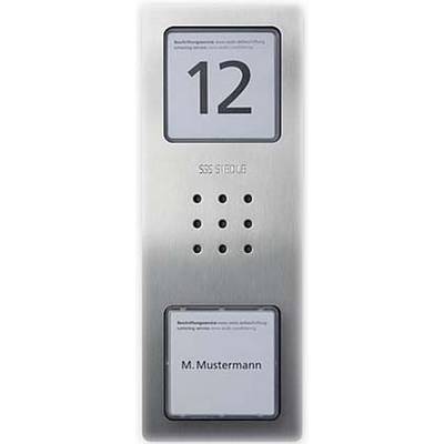 Hišna tablica z zvoncem številka '12' in imenom 'M. Mustermann'. Srebrno ohišje z dvema prikazovalnima poljioma in odprtino za zvočnik.