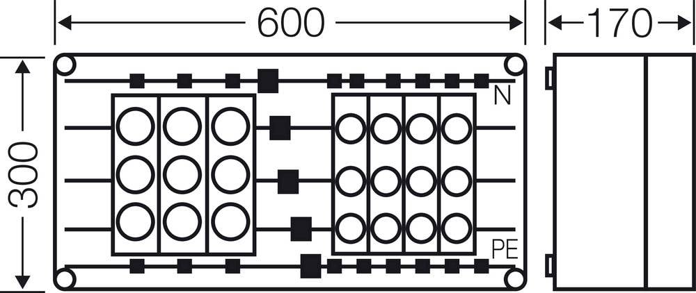 Tehnična risba stikalne omarice. Mere: 600 x 300 x 170 mm. Prikazuje priključke za N in PE. Podrobni notranji pogled z priključnimi sponkami.
