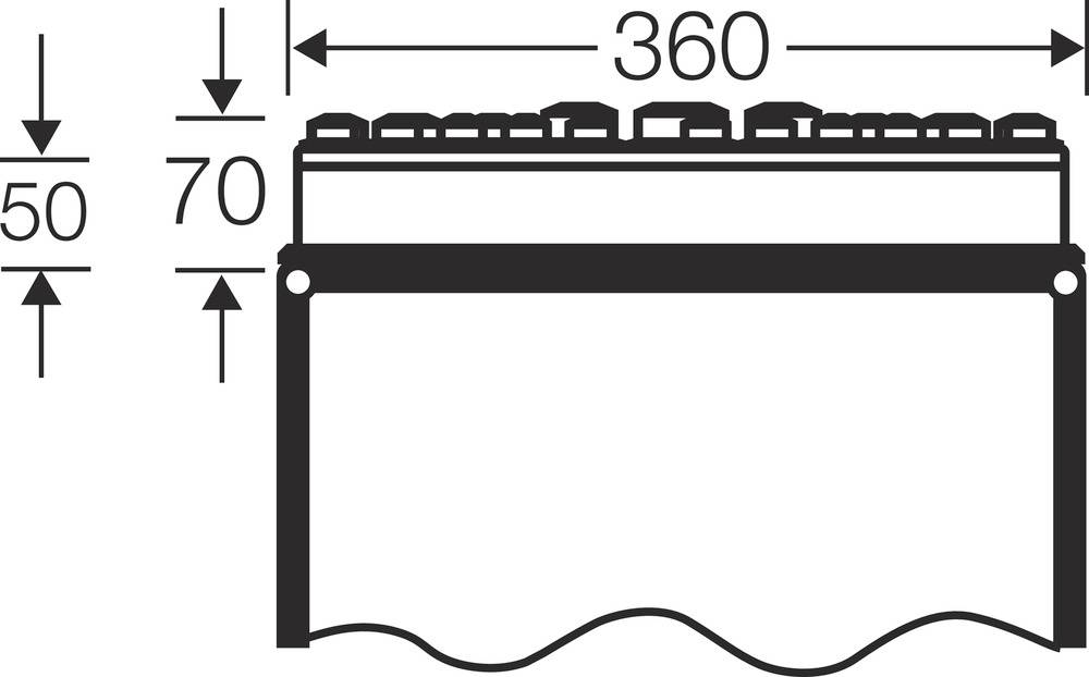 Tehnična risba pravokotne škatle z pokrovom. Dimenzije: širina 360 mm, višina 70 mm (vključno s 50 mm osnovo).