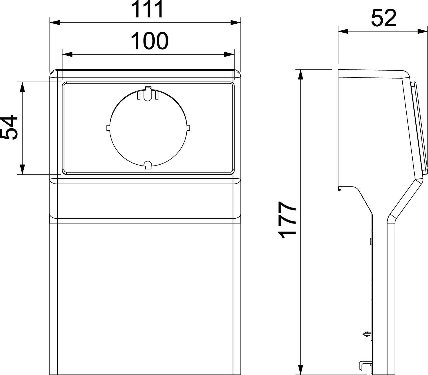 Tehnična risba pravokotne naprave z merami: 111 mm širina, 177 mm višina in 52 mm globina. Vsebuje krožno odprtino.