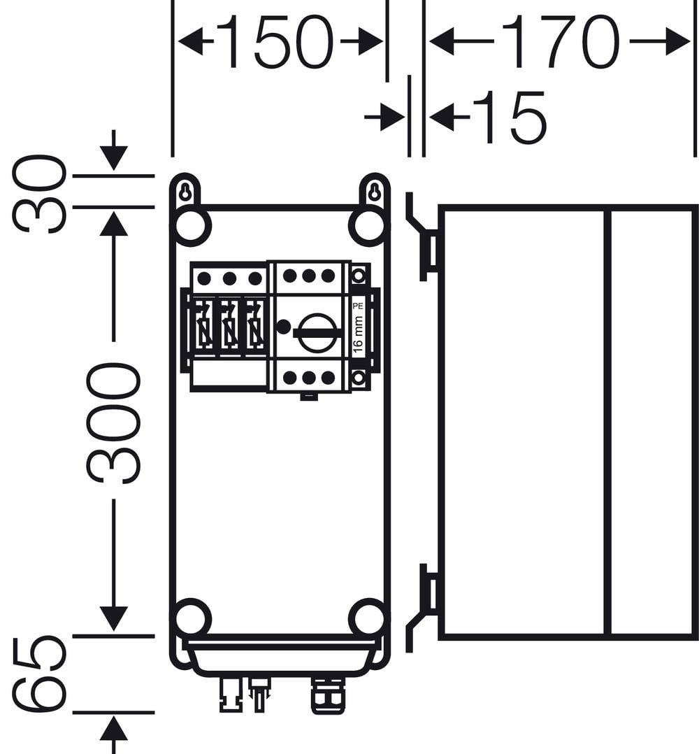 Razsežnostna shema električnega razdelilnika. Širina 150 mm, razširitev 170 mm, višina 300 mm, distančniki 30 mm zgoraj, 65 mm spodaj.