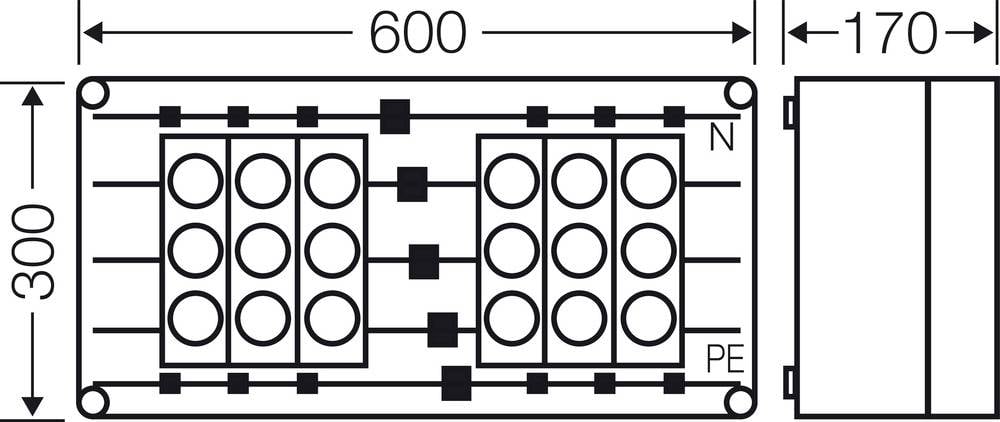 Shema električnega razdelilnika z dimenzijami 600 x 300 x 170 mm. Desno zgoraj sta označena nevtralni vodnik (N) in zaščitni vodnik (PE).