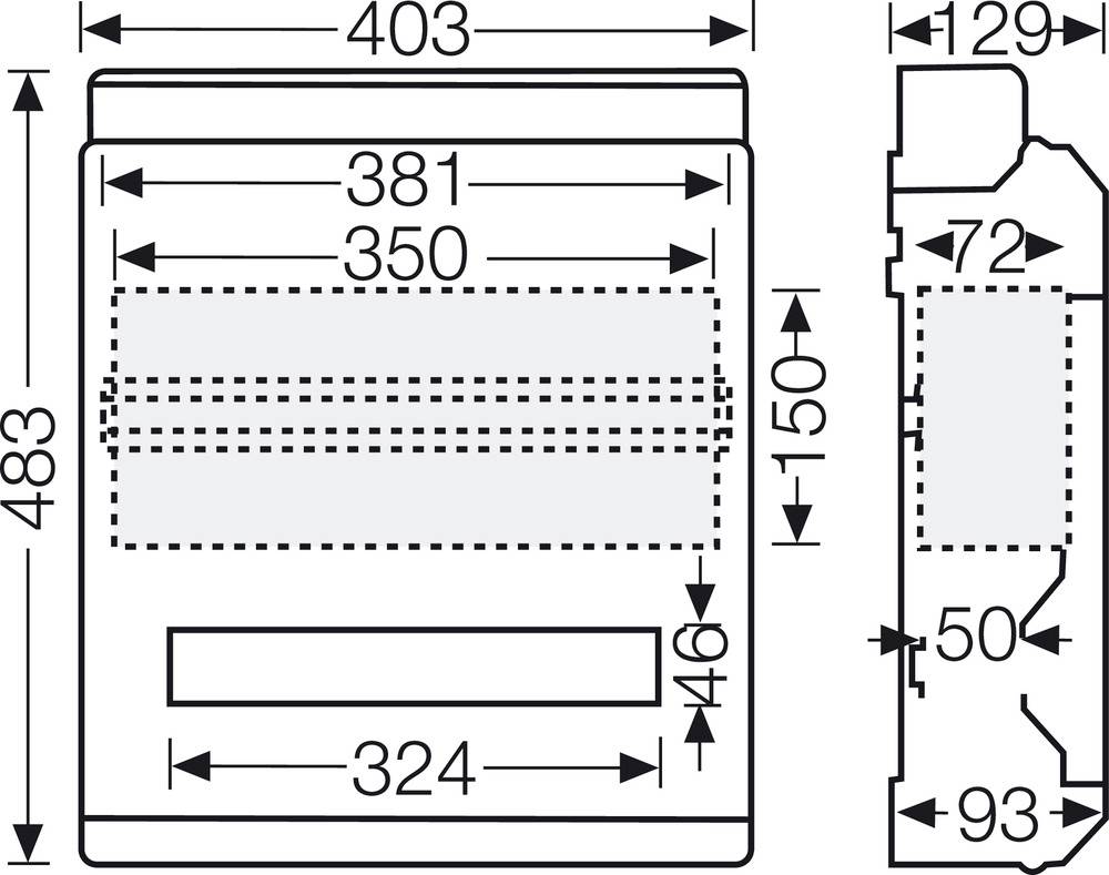 Diagram naprave z merami: širina 403 mm, višina 483 mm. Vsebuje podrobnosti o notranjih dimenzijah in navodilih za postavitev.