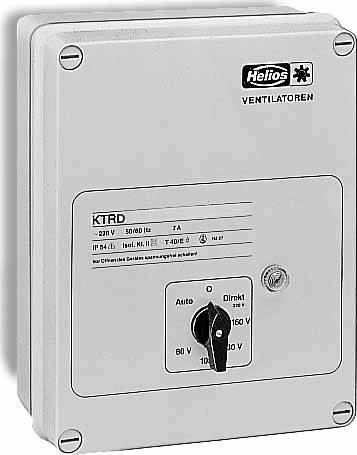 Električna razdelilna omarica z logotipom podjetja za ventilacijo. Napis 'KTRD', napetost in drugi tehnični podatki so vidni.