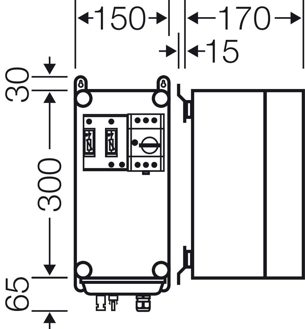 Diagram električnega aparata z dimenzijami priključkov: višina 300, širina 170, globina 65. Mere: 150, 170, 15, 30.