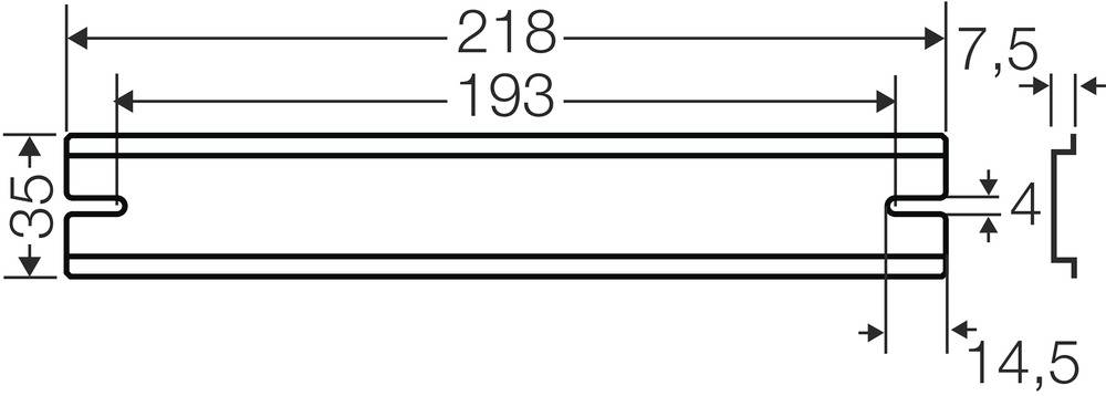 Tehnična risba pravokotnega objekta z merami: dolžina 218 mm, širina 35 mm, notranja mera 193 mm, globina 14,5 mm.