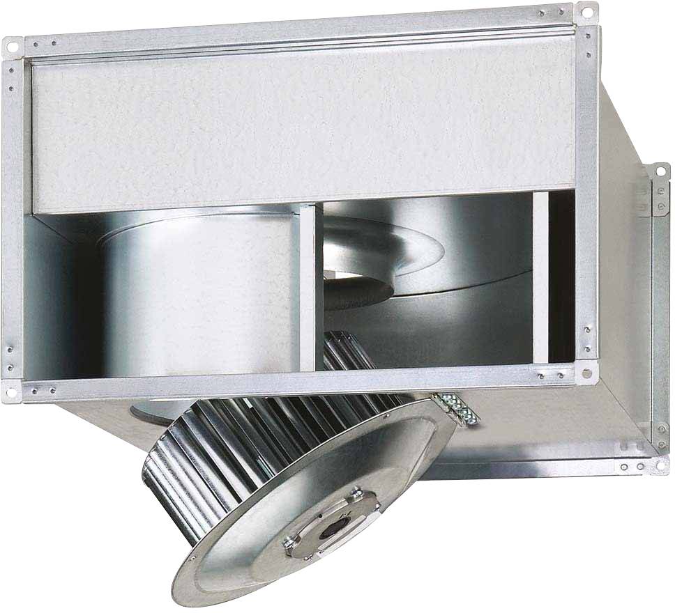 Kovinska enota ventilatorja za prezračevalne sisteme v pravokotnem ohišju, delno vidni zunanji komponenti.