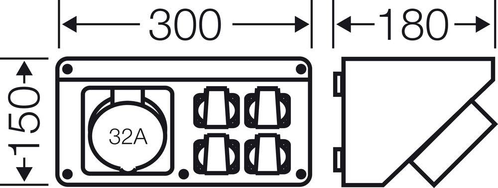 Diagram dimenzij naprave s štirimi vtičnicami in 32A priključkom. Zunanje mere: 300 mm x 150 mm, stranski pogled: 180 mm globok.