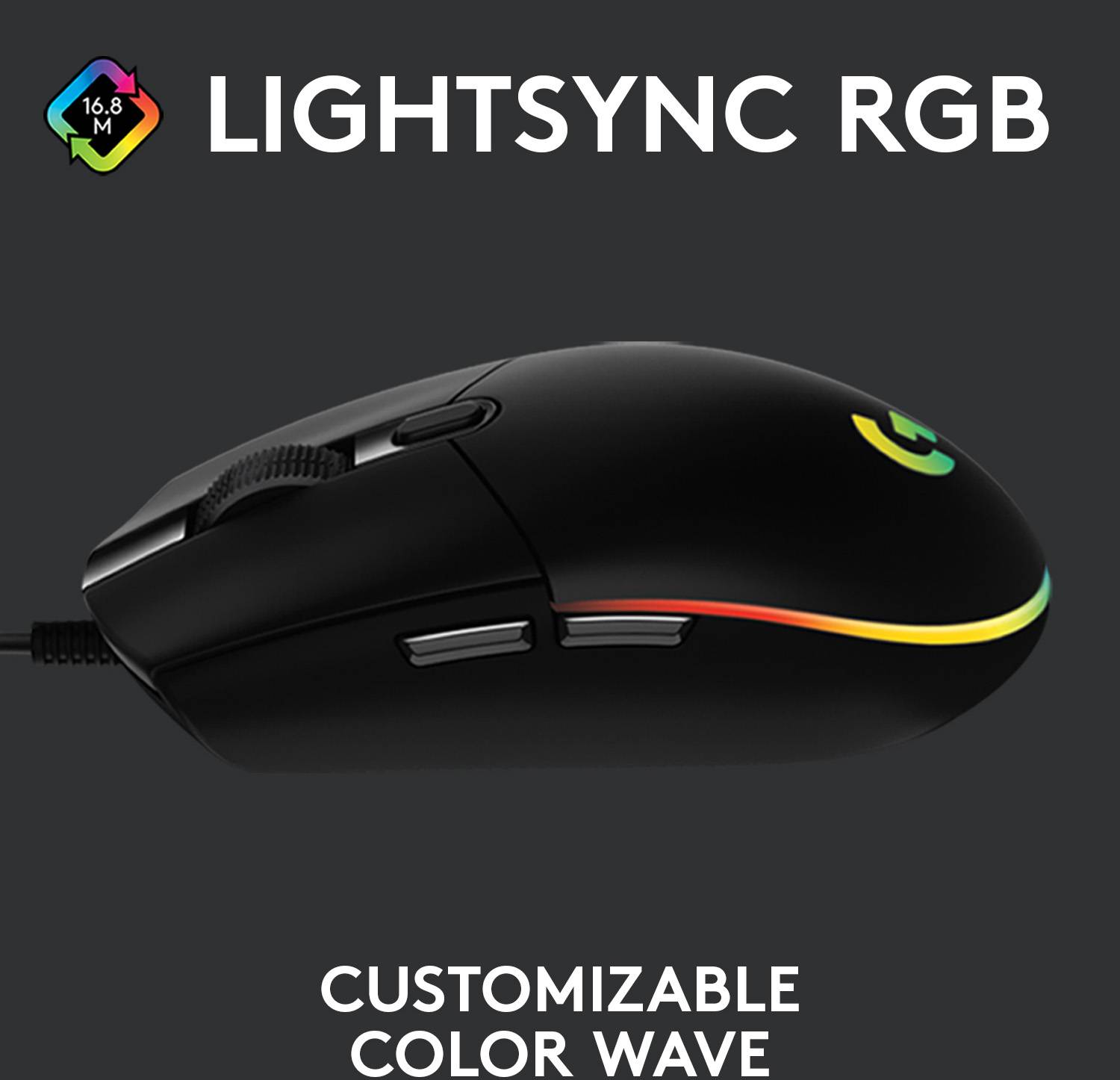 Lightsync RGB: prilagodljiva barvna raznolikost<br><br>Črna računalniška miška z barvitim svetlobnim trakom poudarja individualno osvetlitev.