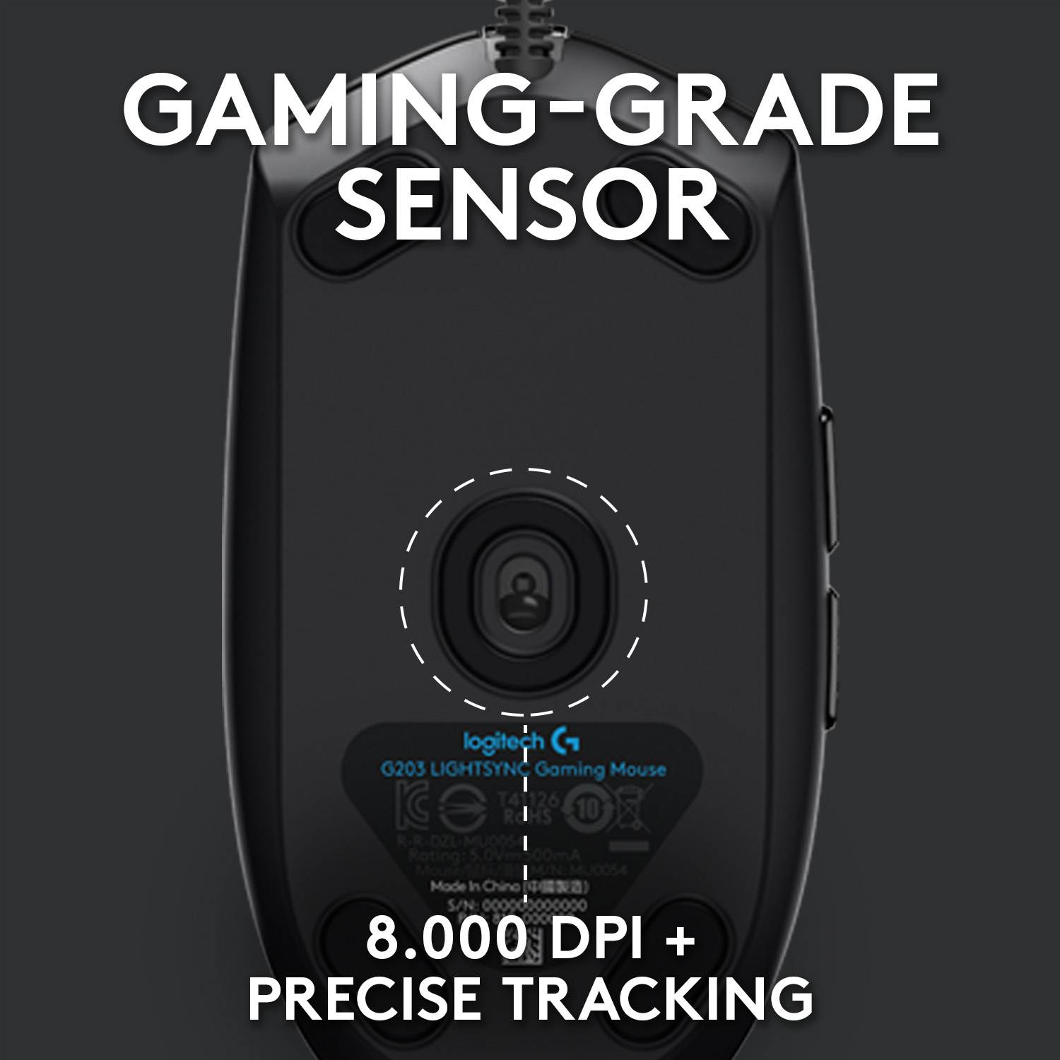 Hrbtna stran gaming miške prikazuje napis 'Senzor primeren za igre' in '8.000 DPI + natančno sledenje'.