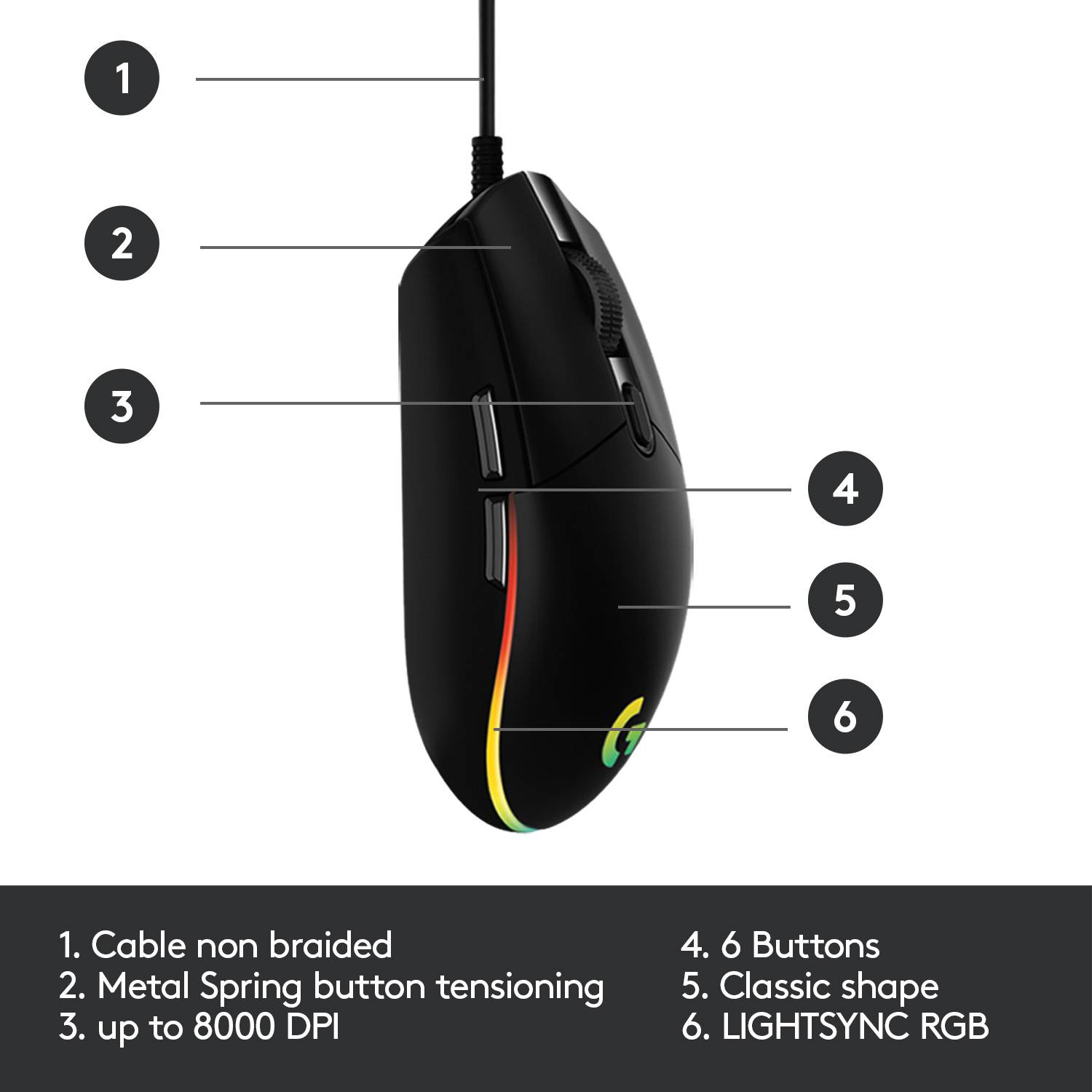 Črna gaming miška z žico. Lastnosti: do 8000 dpi, tipke z kovinsko vzmetno napetostjo, 6 tipk, LIGHTSYNC RGB osvetlitev.