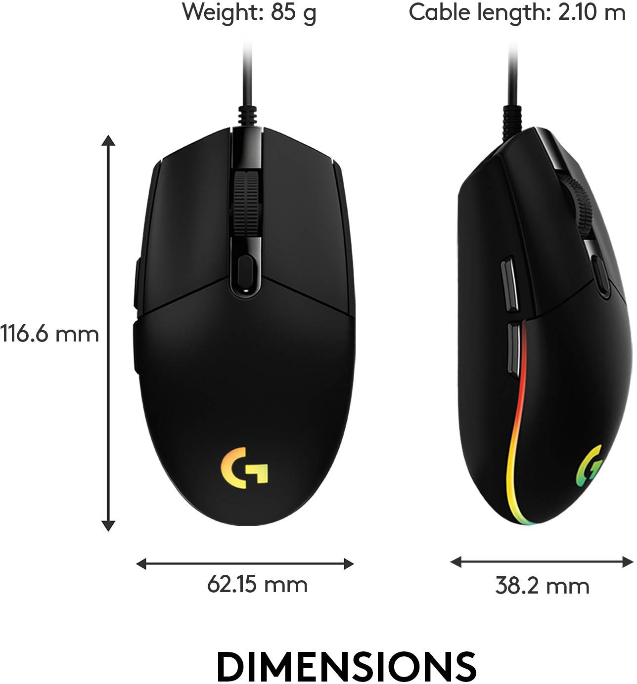 Dve črni gaming miški z osvetljenimi poudarki. Mere: 116,6x62,15x38,2 mm. Teža: 85 g. Dolžina kabla: 2,10 m.