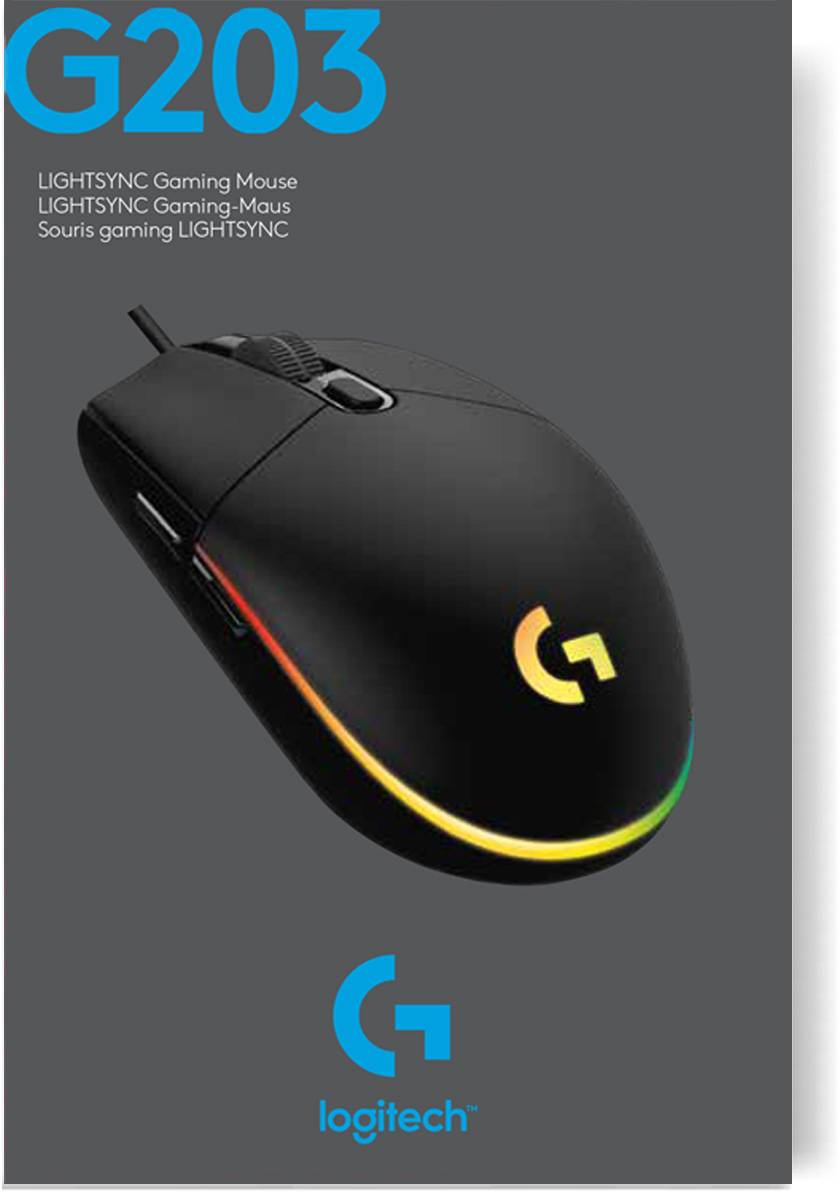 Na sliki je prikazana gaming miška Logitech G203 LIGHTSYNC v črni barvi z RGB osvetlitvijo. Embalaža z logotipom in imenom izdelka je vidna.