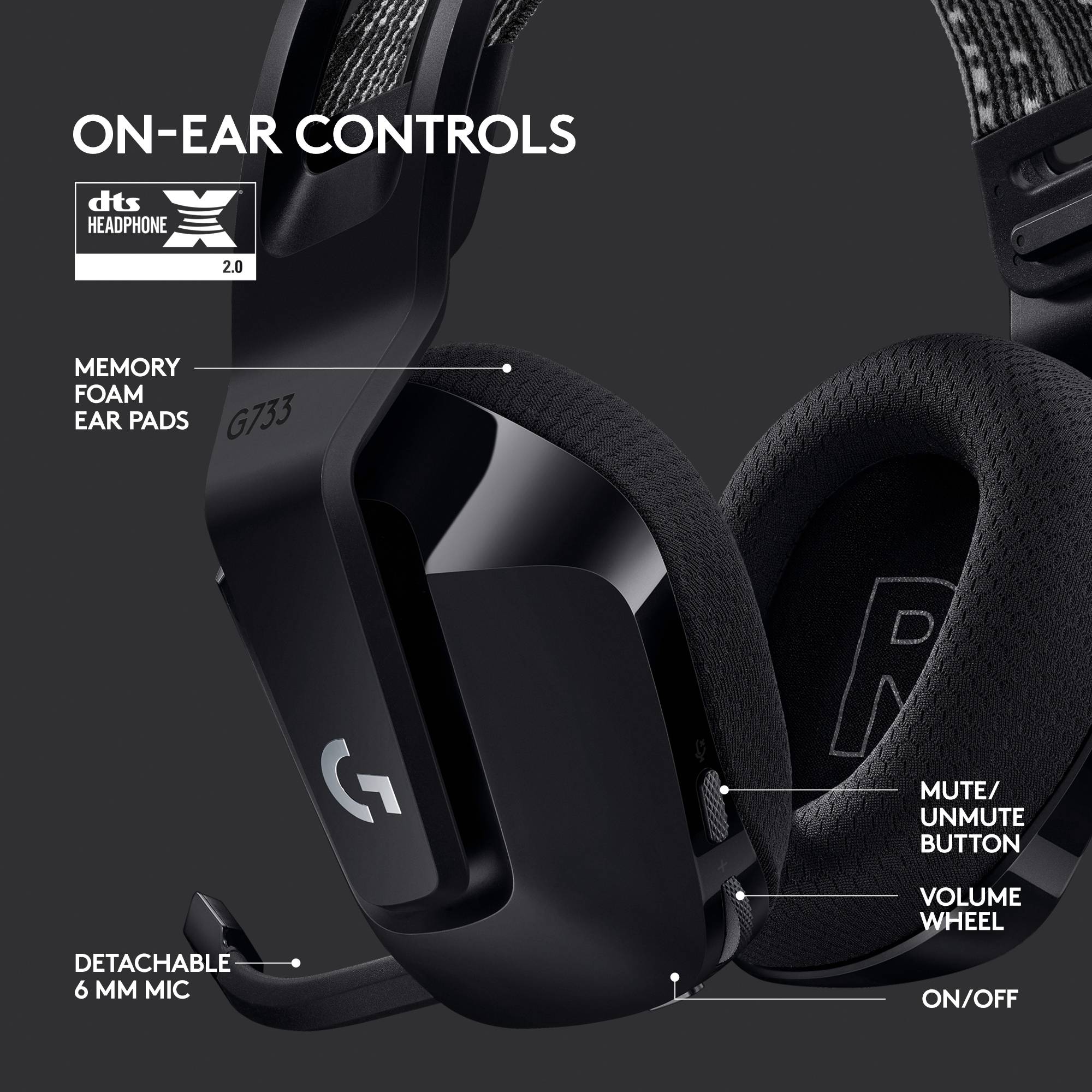 Logitech Gaming G733 LIGHTSPEED On Ear Headset brezžični 7.1 surround črna kontrola glasnosti igre-4