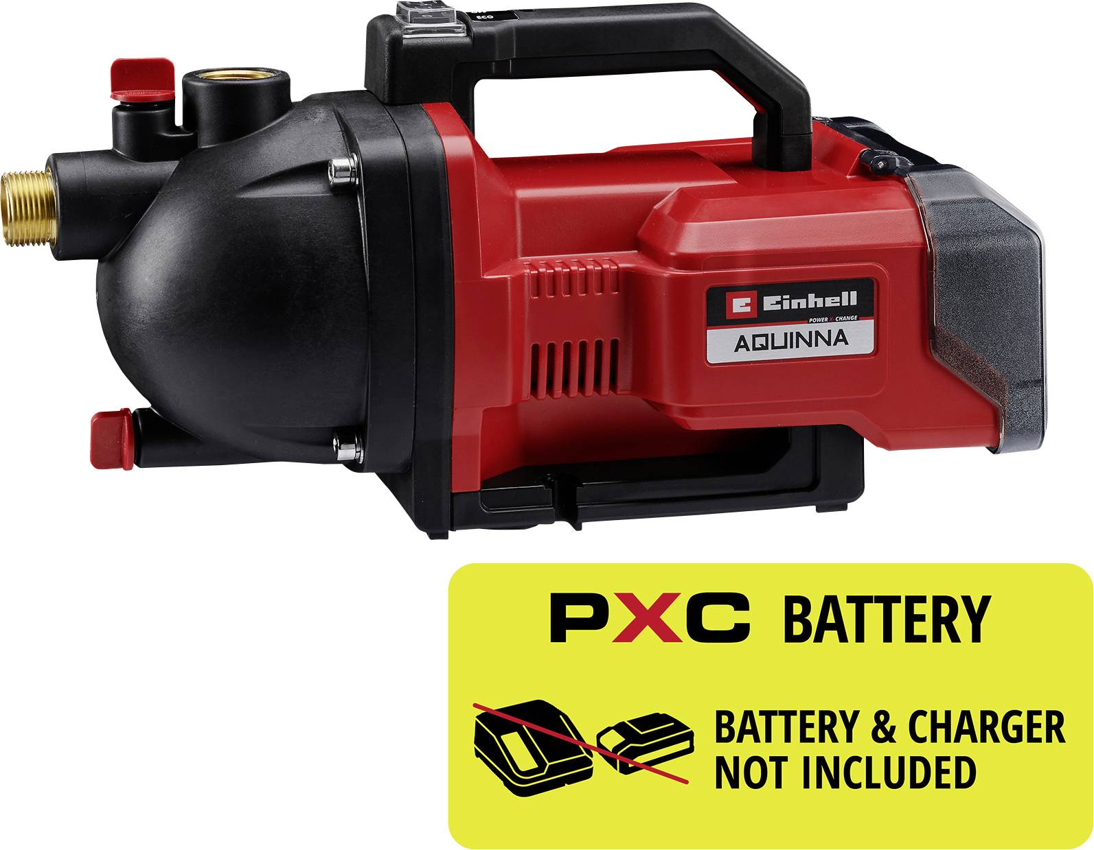Rdeča in črna brezžična vodna črpalka Einhell AQUINNA z ročajem; rumena nalepka pravi "PXC BATTERY" in "BATERIJA IN POLNILNIK NISTA VKLJUČENA".